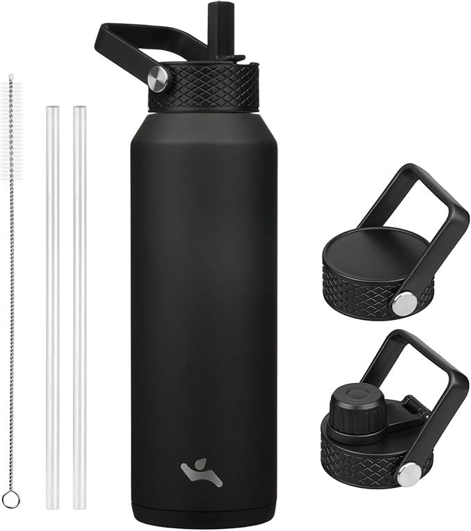 40oz Insulated Stainless Steel Water Bottle with Straw and 3 Lids, BPA-Free Sports Water Bottle,travel water bottle,Black