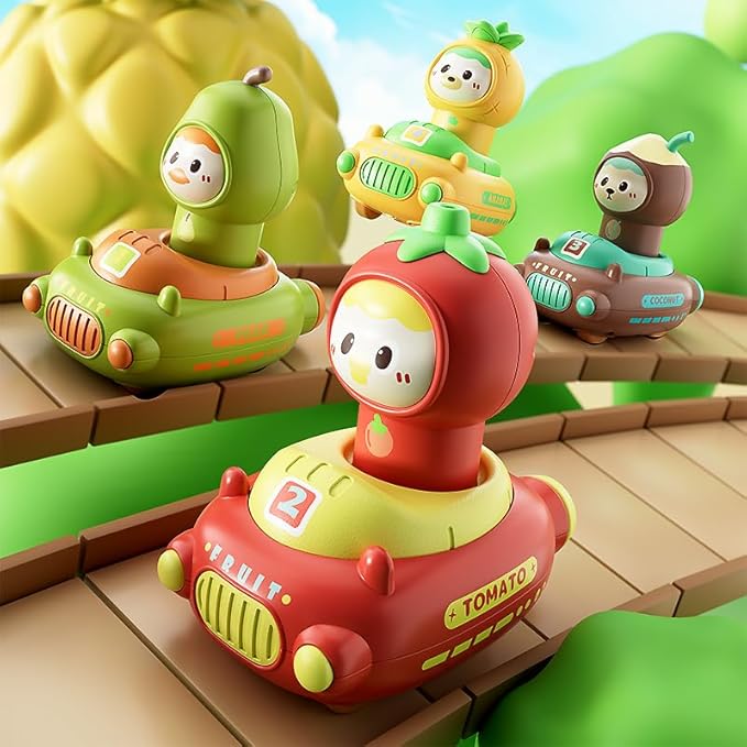 Toddler Press and Go Cars Toys for Toddlers 1-3, 1 Year Old Baby Racing Cars, Infant Play Vehicle Set, Push Go Friction Car Toys for 18-24 Month, 1st Birthday for Boys Girl (Fruit)