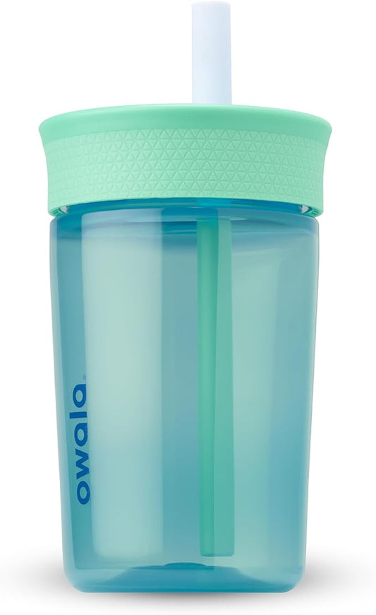 Owala Kids BPA-Free Plastic Tumbler with Spill Resistant Flexible Straw, Easy to Clean, Kids Water Bottle, Great for Travel, Dishwasher Safe, 15 Oz, Teal and Aqua (The Blues)