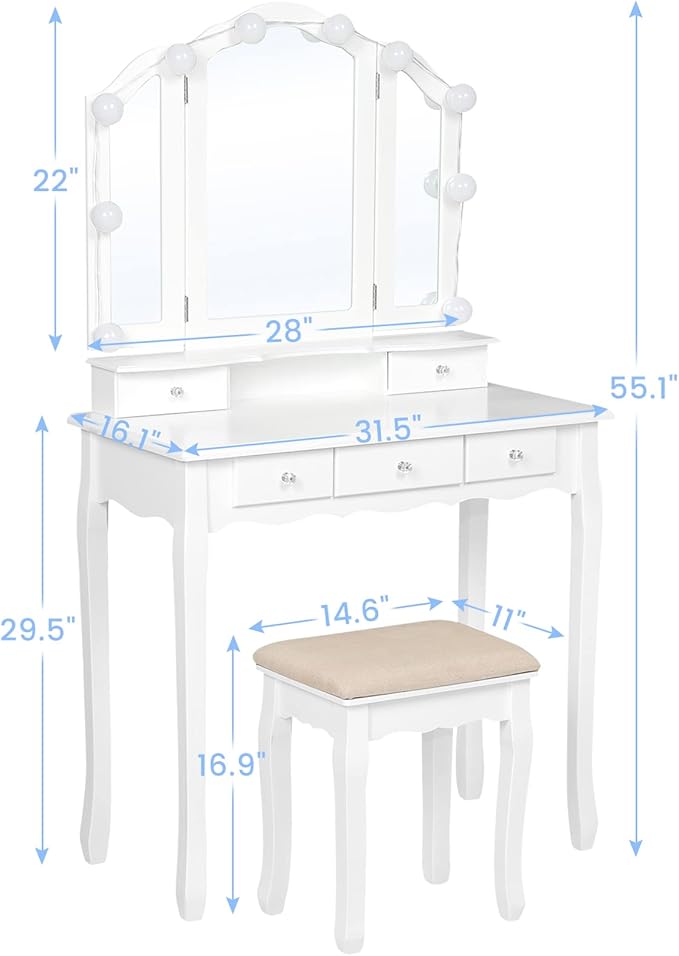 Tiptiper Makeup Vanity with Lights, Vanity Desk with Lighted Mirror and Stool, Vanity Table Set with 5 Drawers, 3 Light Settings, Adjustable Brightness, White
