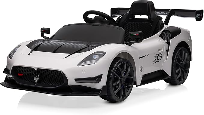 Kidzone 12V Ride On Car for Kids,Licensed Maserati GT2 Electric Battery Powered Sports Car Toy w/Remote Control & Manual Drive, LED Lights, Bluetooth & USB & AUX Port - White