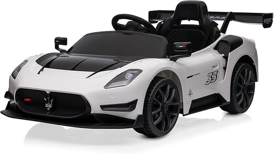 Kidzone 12V Ride On Car for Kids,Licensed Maserati GT2 Electric Battery Powered Sports Car Toy w/Remote Control & Manual Drive, LED Lights, Bluetooth & USB & AUX Port - White