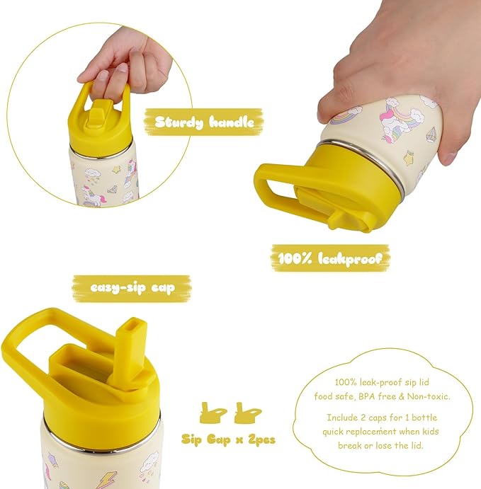 16 oz Stainless Steel Insulated Kids Water Bottle, Leak Proof Metal Thermal Flask with Straw lid, Cute Toddler Tumbler Cup for School Girls & Boys (Beige, Unicorn)