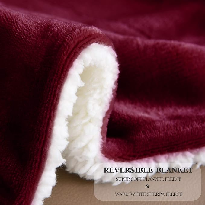 NANPIPER Sherpa Blanket Warm Blankets Super Soft Fuzzy Flannel Fleece/Wool Like Reversible Velvet Plush Couch Blanket Lightweight(Wine Red Throw Size 50"x60")