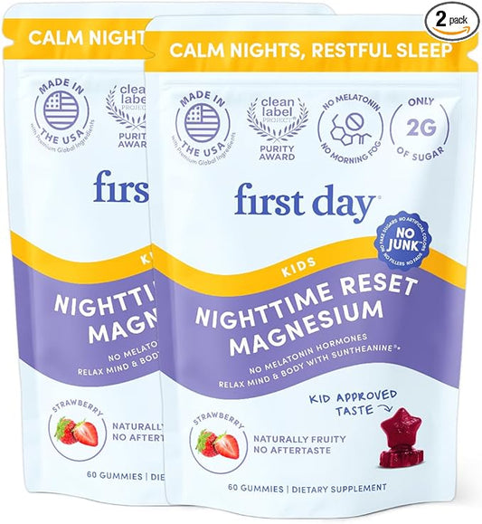 FIRST DAY Magnesium for Kids Gummies – Calm Kids Magnesium Citrate Gummies to Support Sleep & Relaxation – Bedtime Supplement with Suntheanine® L-Theanine, NO Melatonin - Strawberry - 30-Day Supply
