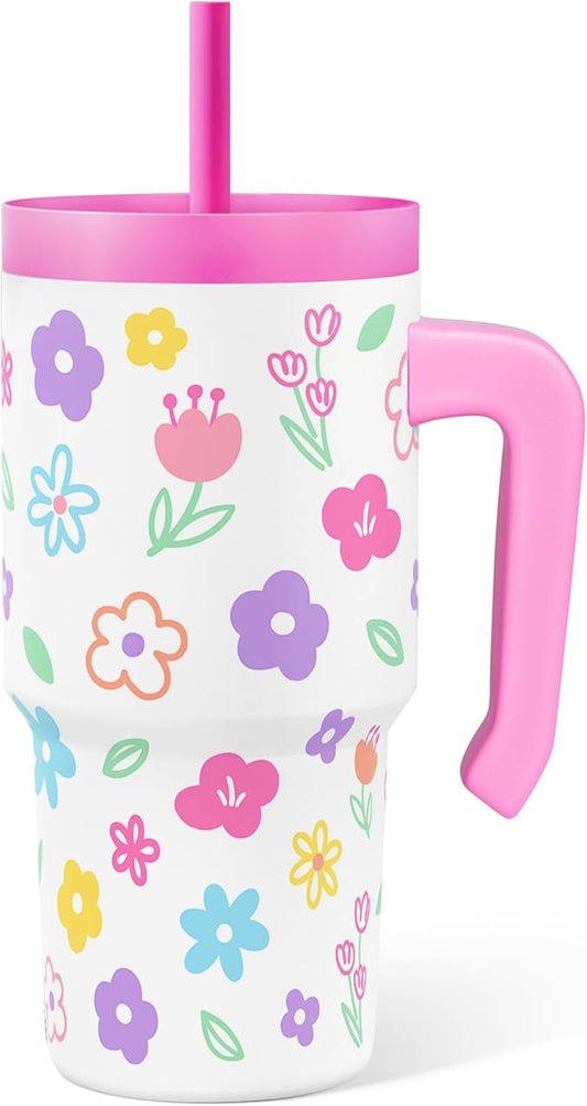 Floral Tumbler 20oz with Handle and Silicone Straw Lid for Kid, Insulated Stainless Steel Cup, Gift for Kids Girls, Gifts Idea for Birthday Christmas Back to School