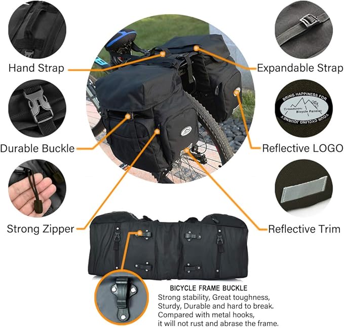 Dreamoon 50L Bike Panniers, Waterproof Bicycle Commuting Bag Saddle Bags with Rain Cover, Bike Rear Seat Bag Carrier with Reflective Trim, Cycling Organizer for Width Less Than 6.3 inches Rack (Black)