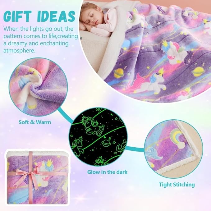Glow in The Dark Unicorns Blanket,Unicorns Gifts Toys for Girls, Christmas Birthday Presents Decor for Kids Age 3-14 Year Old Daughter Teen Child Toddler Soft Sherpa Blanket Fleece Throw 50"x60"