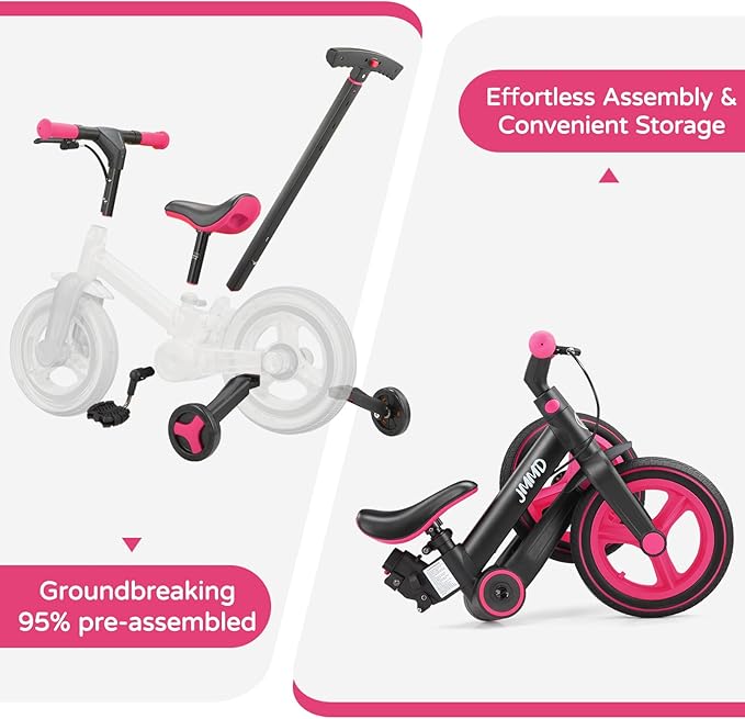 JMMD Toddler Bike with Push Handle for Kids 18-60 Months, 6 in 1 Foldable Push Bike with Training Wheels, Pedals, Brakes, Kickstand, Kid Balance Bike Gift & Toys for Boy & Girl