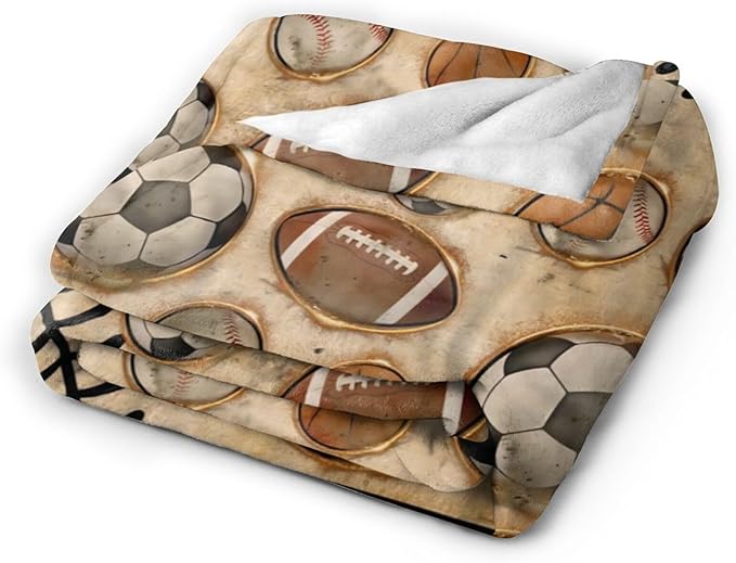 Vintage Sports Soccer Blanket Ultra Soft Cozy Plush Baseball Basketball Football Throw Blanket Sport Ball Fans Lovers Gifts Kids Adults Lightweight Flannel Comfy Blankets for Couch Sofa Bed 50"x40"