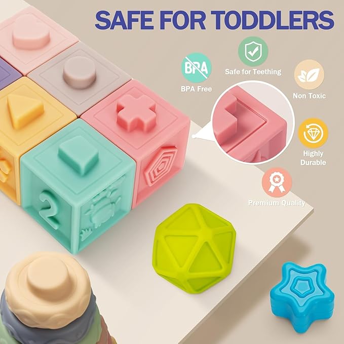 Baby Toys 6 to 12 Months, 5 In 1 Montessori Toys for 1 Year Old, Incl Travel Pull String Toy & Rattle Teether & Stacking Baby Block & Soft Infant Ring & Sensory Ball for Toddler 0-3-6-9-12 Month