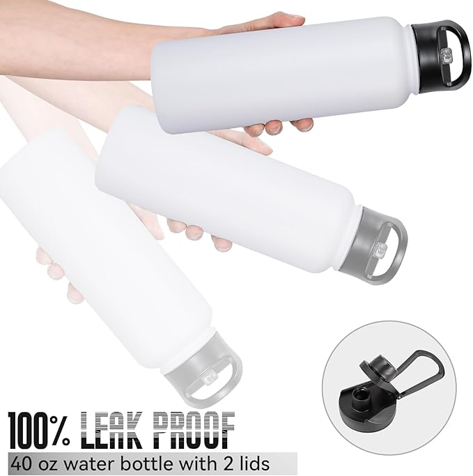 40 oz Insulated Water Bottle with Straw, Stainless Steel Sports Water Bottles with 2 Lids (Straw and Wide Mouth lid), Double Wall Vacuum, Leakproof, BPA-Free, White