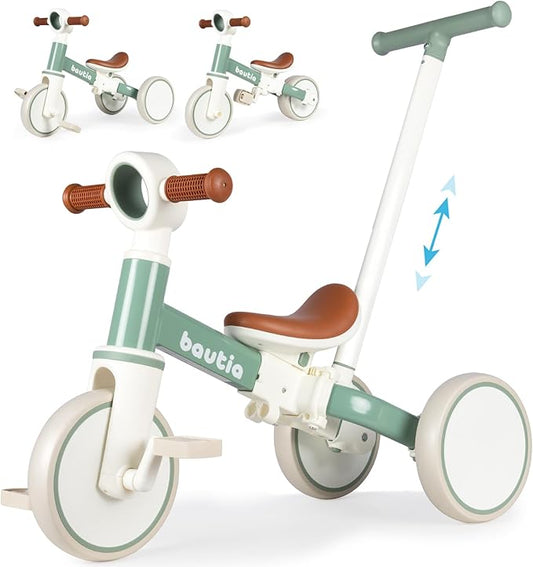 Kids Tricycle for Toddlers 1-3 with Push Handle, 5 in 1 Baby Balance Bike Toy for 1-4 Years Old Boys Girls Gift with Removable Pedals, Mint (No Parent Steering Version)