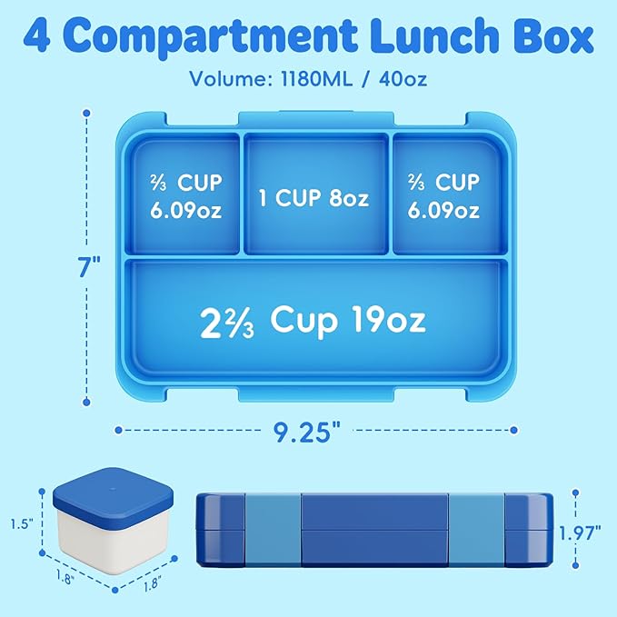 Bento Lunch Box for Kids, 4 Compartments Kids Leak Proof Bento Lunch Boxes Food Containers for School, Travel, On-the-Go Meal, Food Grade, Microwave, Dishwasher Safe, Pure Blue