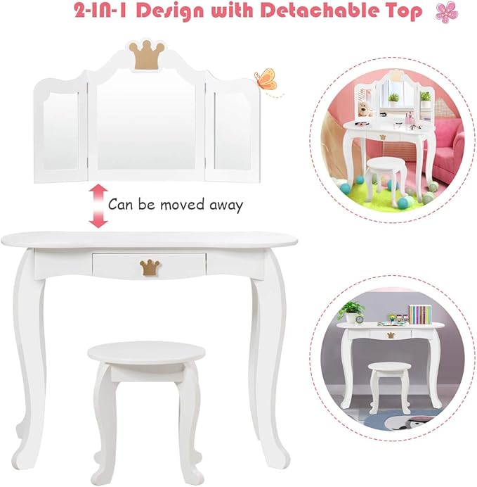 Costzon Kids Vanity Table and Chair Set, Princess Makeup Dressing Table with Drawer & Tri-Folding Mirror, 2 in 1 Vanity Set with Detachable Top, Pretend Beauty Play Vanity Set for Girls (White)