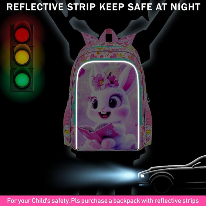 CCJPX 3Pcs Bunny Backpack for Girls, 16” Kids Bookbag with Lunch Box, Water Resistant Elementary School Bag for Kindergarten Preschool Toddler (Pink)