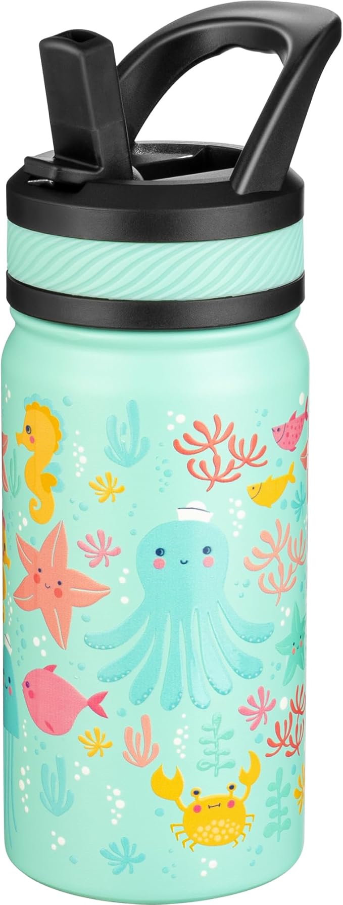 Fanhaw 14 Oz Kids Insulated Water Bottle with Straw - Stainless Steel Double Wall Vacuum Cup, Leakproof, BPA Free, Suitable for Boys and Girls(Green - Octopus)