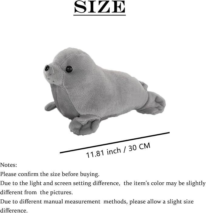 Seal Plush Stuffed Animal Grey Cute Toy Pillow Kawaii Doll for Kids, 11.8 inch