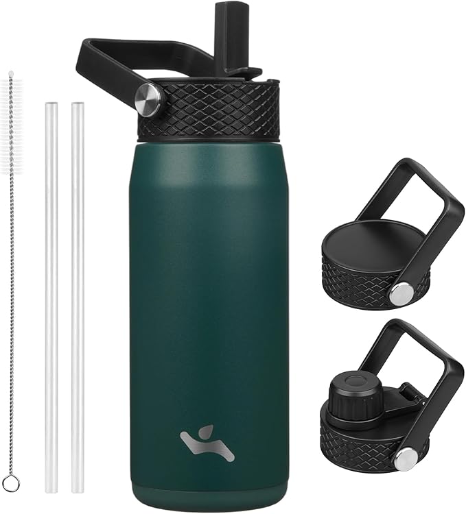 20oz Insulated Stainless Steel Water Bottle with Straw and 3 Lids, BPA-Free Sports Water Bottle,travel water bottle,Green