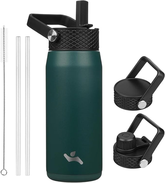 20oz Insulated Stainless Steel Water Bottle with Straw and 3 Lids, BPA-Free Sports Water Bottle,travel water bottle,Green