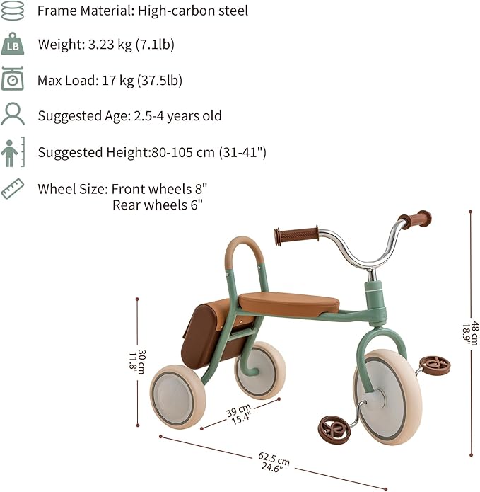 Kidpop Mate Toddler Tricycle Age 2.5-4 Kids First Birthday Gift Toy Bike with Handlebar Grips & Storage for Outdoor Play (Green)