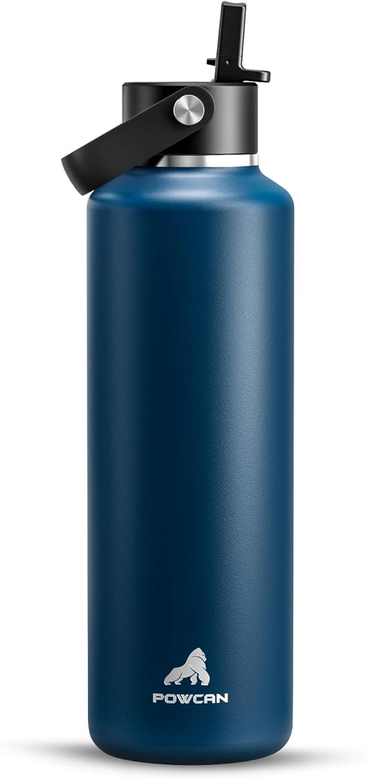 POWCAN 24 oz Water Bottle Insulated: BPA-Free, Leakproof Lid with Straw, Lightweight, Flex Cap, Stainless Steel Water Bottle for Office, Men, Gym, Commute, Worker, Walking, Cycling (Indigo Blue)