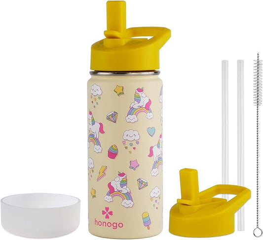 16 oz Stainless Steel Insulated Kids Water Bottle, Leak Proof Metal Thermal Flask with Straw lid, Cute Toddler Tumbler Cup for School Girls & Boys (Beige, Unicorn)