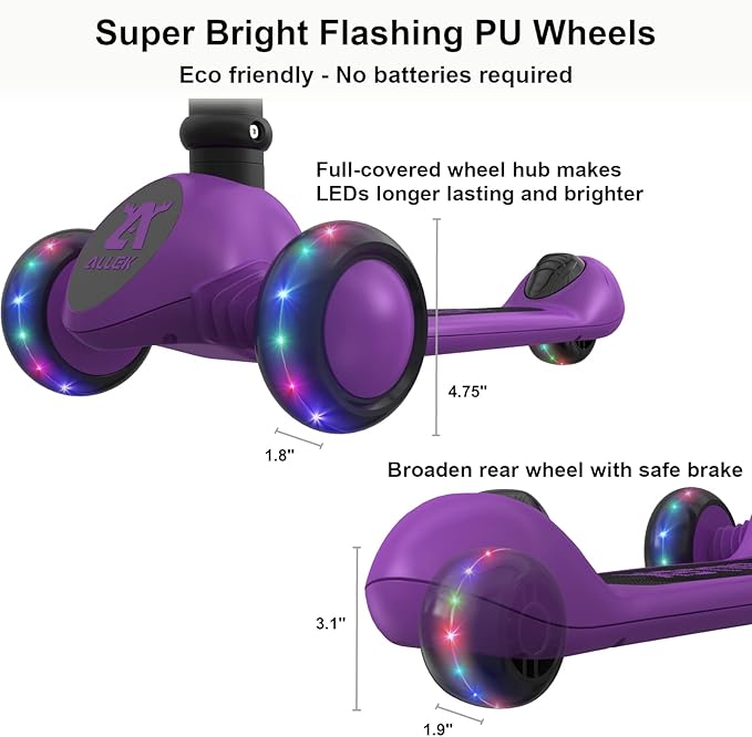 Allek Kick Scooter Foldable F02, 3-Wheel LED Flashing Glider and 4 Adjustable Height with Anti-Slip Thick Deck Push Scooter for Children 3-12yrs