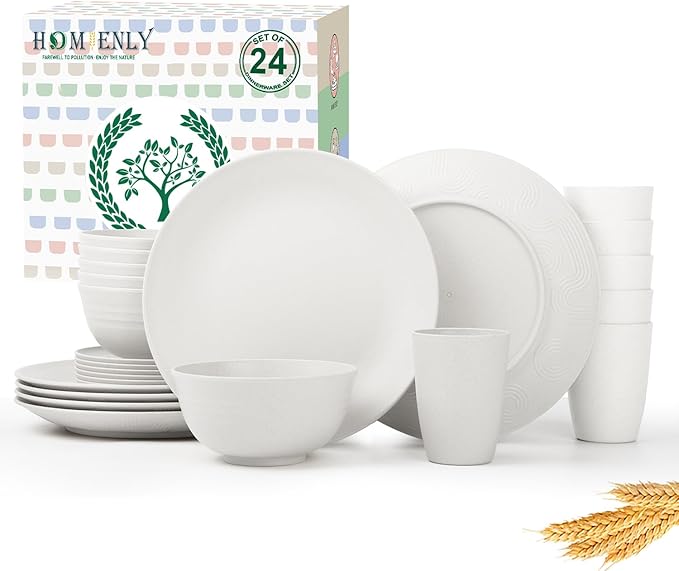 Homienly Premium Wheat Straw Dinnerware Sets - 24 PCS Dinner Plates,Plates,Cereal Bowls,Drinking Cups,Lightweight & Unbreakable Dishes Sets for 6,Dishwasher & Microwave Safe for Home - White