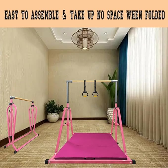 Foldable Gymnastics Kip Bar,Horizontal Bar for Kids,No Wobble Gym Equipment for Home Indoor,3' to 5' Adjustable Height,Gymnasts 1-4 Levels,300 lbs Weight Capacity