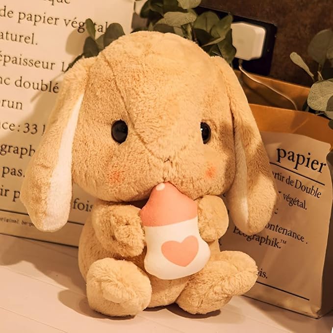 HOUPU Soft Toy - Sitting Lop Eared Rabbit, Easter White Rabbit Stuffed Bunny Animal with Carrot Soft Lovely Realistic Long-Eared Standing Pink Plush Toys (Brown-Milk Bottle,29.5in/75cm)