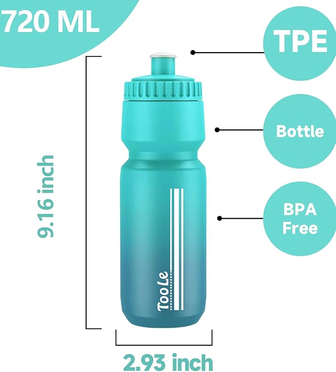 TooLe 24 Oz Bicycle Squeeze Water Bottle,Bike Water Bottle Leakproof BPA Free with Capacity Scale Pull Top Lid, Reusable, for Bicycle, Gym,Camping, Hiking