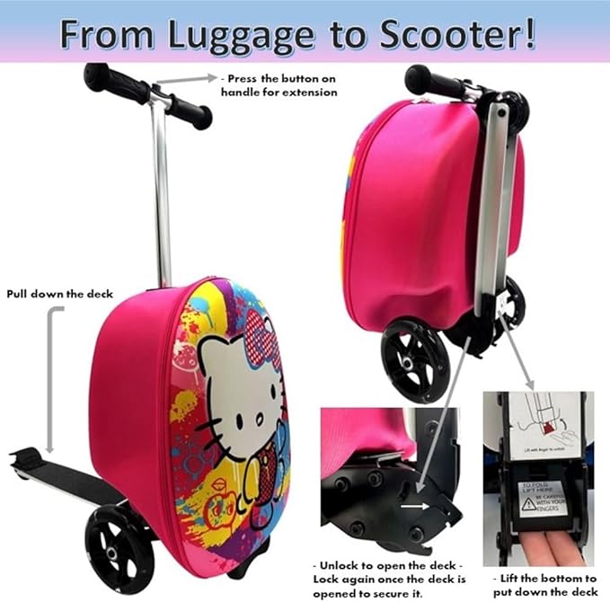 Fast Forward Kid’s Licensed 18" Ride-On Suitcase Scooter - Lightweight Carry-On Foldable Scooter Luggage