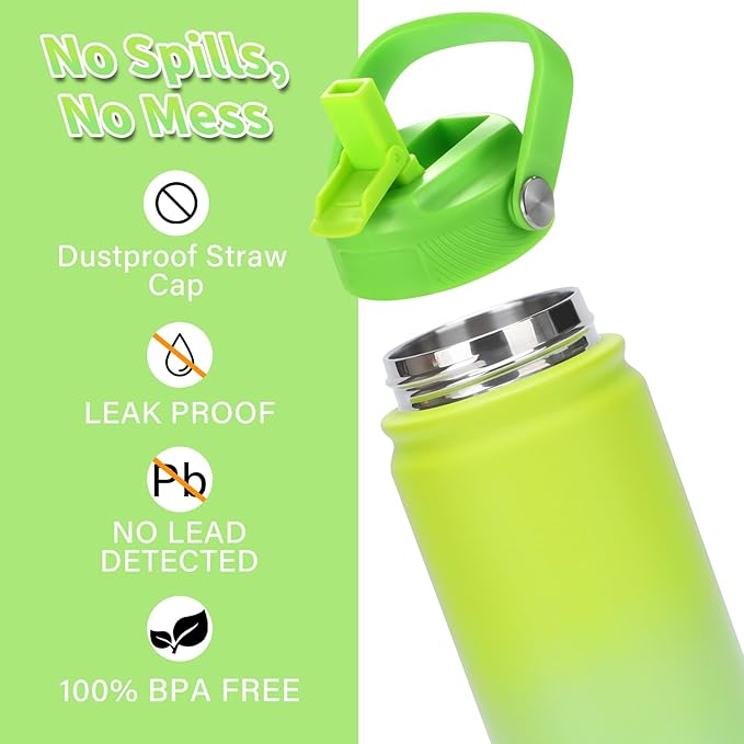 Mininoo Insulated Stainless Steel Kids Water Bottle for School with Straw Lid & Strap, 50 Stickers, 18 oz(Lemon/Green)