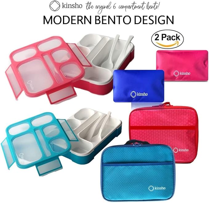 kinsho Bento Lunch Boxes with Bag and Ice Packs | Bento-Box Insulated Bag Ice Cold Pack Set of Two for Kids Adults | Value Container Set for School Kid Lunches, 6 Compartments BPA Free, Blue & Pink