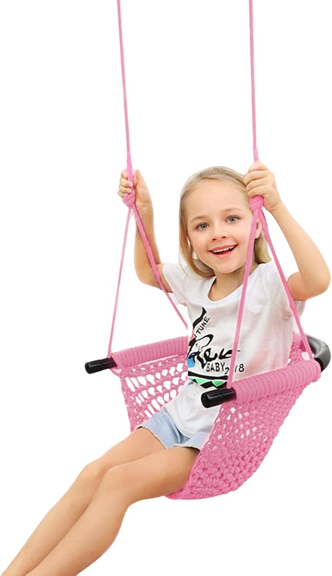 JKsmart Swing Seat for Kids Heavy Duty Rope Play Secure Children Swing Set,Perfect for Indoor,Outdoor,Playground,Home,Tree,with Snap Hooks and Swing Straps,440 lbs Capacity,Pink