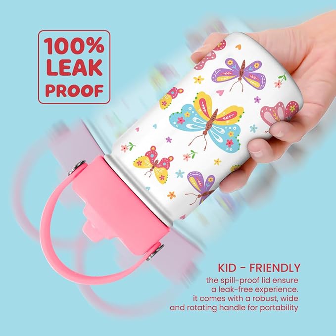 Kids Water Bottle with Straw Lid - 12 Oz Insulated Stainless Steel Water Bottles for Kid Girl- Travel Cup for School Sports