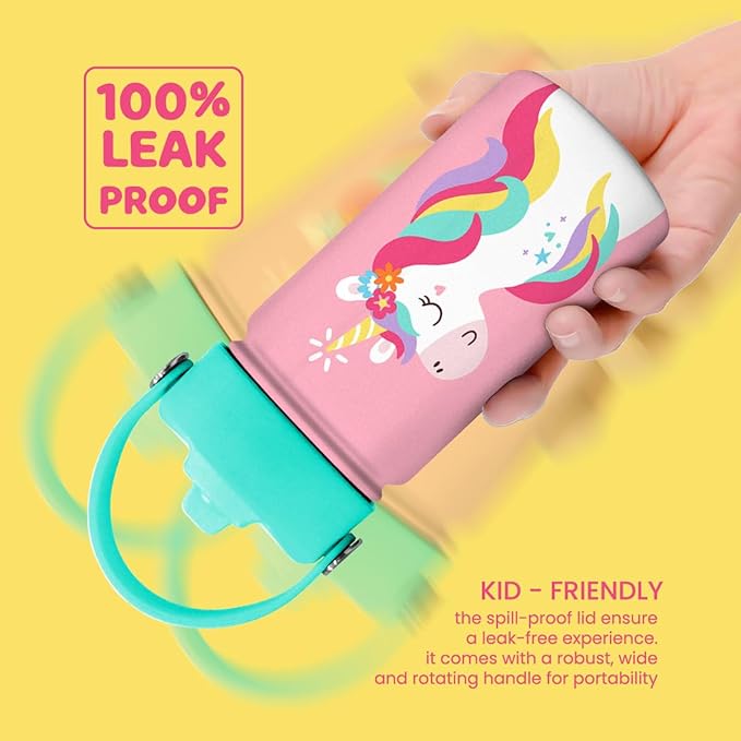 Unicorn Water Bottle - Kids Water Bottle with Straw Lid - 12 Oz Insulated Stainless Steel Water Bottles for Kid Girls - Travel Cup for School Sports