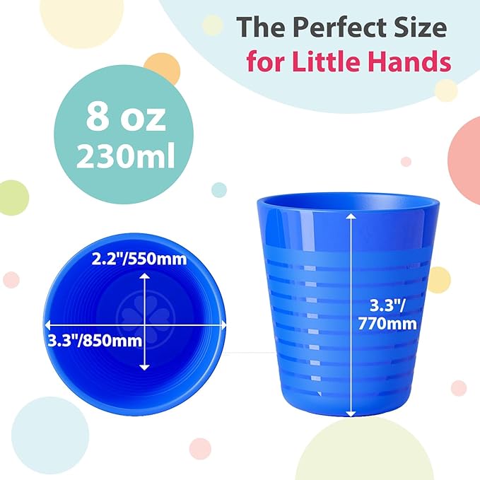 Set of 12 Kids Plastic Cups- 8 oz Children Drinking Cups Reusable Unbreakable Plastic Stackable Water Tumblers for Kids & Toddlers Bright Colored- Dishwasher and Microwave Safe