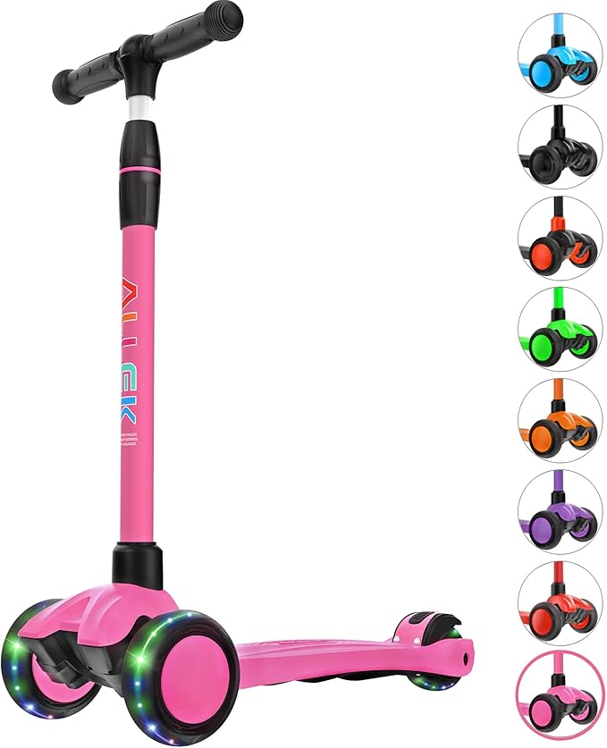 Allek Kick Scooter B03, Lean 'N Glide 3-Wheeled Push Scooter with Extra Wide PU Light-Up Wheels, Any Height Adjustable Handlebar and Strong Thick Deck for Children from 3-12yrs (Rose Pink)