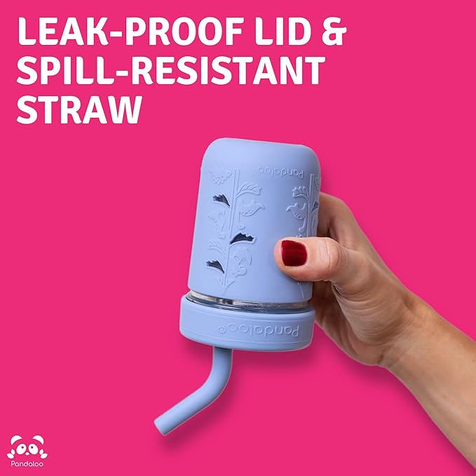 Pandaloo® Mason Jar Toddler Cup - 8 oz Spill-Proof Glass Tumbler with Silicone Straw and Lid, Non-Slip Sleeve, BPA-Free Toddler Snack Cups - Perfect Smoothie Cups with Lids and Straws for Kids