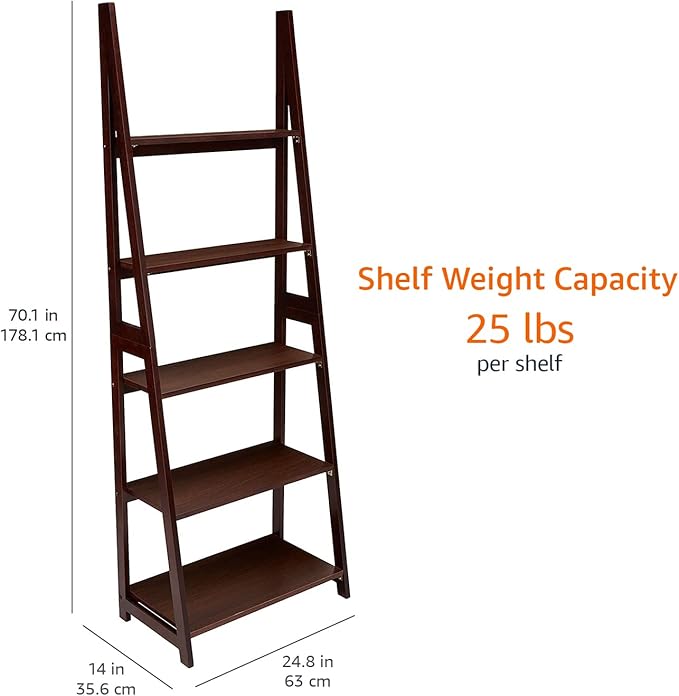 Amazon Basics Ladder Bookshelf Organizer, Solid Rubberwood Frame, Espresso Finish, 5 Shelves, 14" D x 24.8" W x 70.1" H