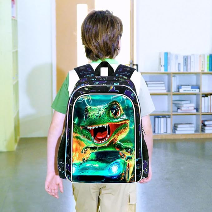 16" Dinosaur Backpack for Boy, 3Pcs Cars Bookbag with Lunch Box, Kids School Backpacks for Elementary Preschool Kindergarten (Black)