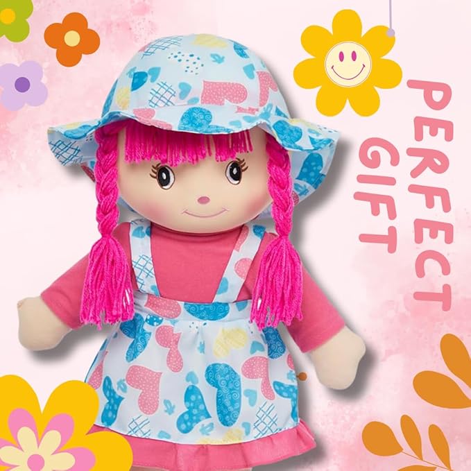 LOVE & HUG 24" Huggable Soft Doll with Blue & Pink Dress and Soft Yarn Hair