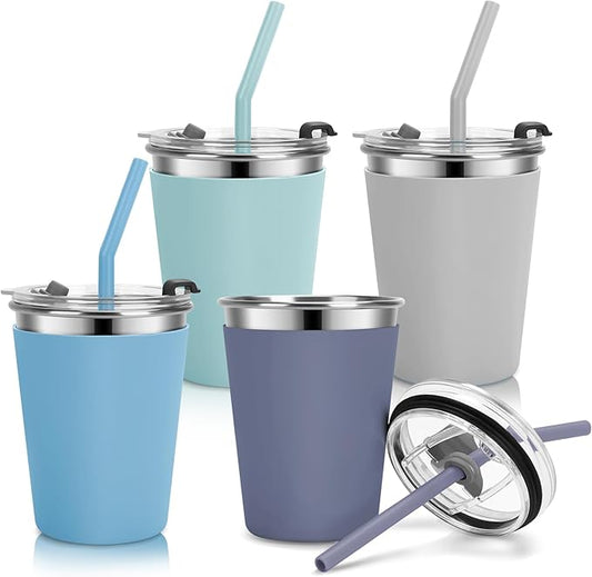 Kids Cups with Straws and Lids Leak Proof, 12oz Sippy Cups for Toddlers 1-3, Spill Proof Cup Stainless Steel Kids Cups with Lids for Home School, Outdoor, 4 Pack