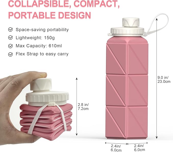 Collapsible Water Bottles 20.6oz, Silicone Foldable Portable Travel Water Bottle, Lightweight Reusable Leakproof for Traveling Camping Hiking Cycling Yoga Sports Outdoor, 1 Pack (Pink)