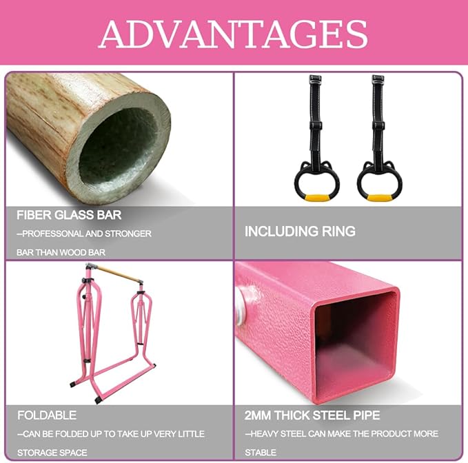 Foldable Gymnastics Kip Bar,Horizontal Bar for Kids,No Wobble Gym Equipment for Home Indoor,3' to 5' Adjustable Height,Gymnasts 1-4 Levels,300 lbs Weight Capacity