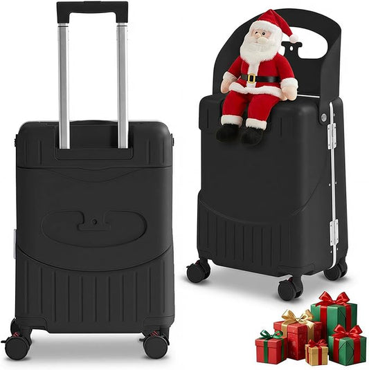 20'' Luggage with Child Seat, Ride On Suitcase with Shockproof Silent Spinner Wheels, TSA Lock, Carry On Luggage with Foldable Backrest, Bag Hook for Kids.