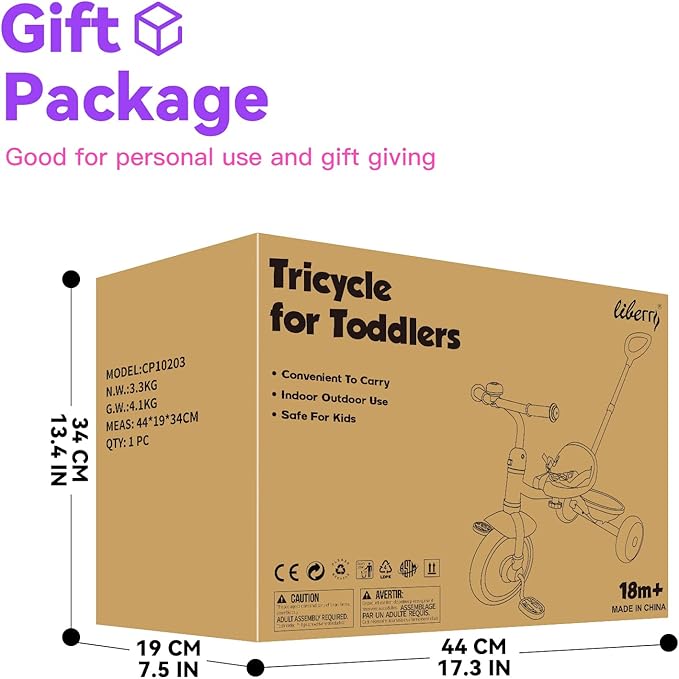 Liberry 2 in 1 Toddler Tricycle Age 2 3 4 Years Old, Kids Trike with Adjustable Push Rod, Bell & Basket, 3 Wheel Bike Riding Toy Birthday Gift for Girls Boys, Rose Purple