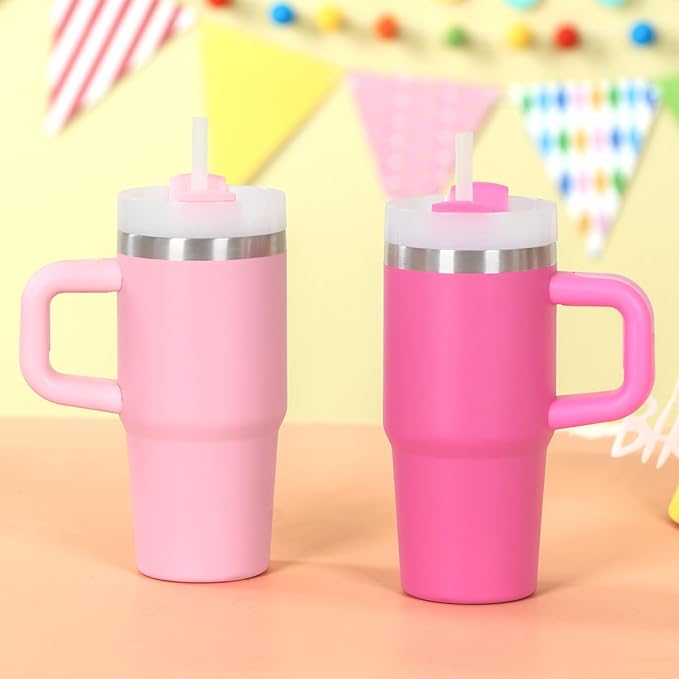 Cosictic 14 Oz Tumbler with Handle and Straw for Kids, Stainless Steel Double Wall Vacuum Insulated Cup for Children, 2 Pack 14 Oz Cups for Kids (Pink and Hot Pink)